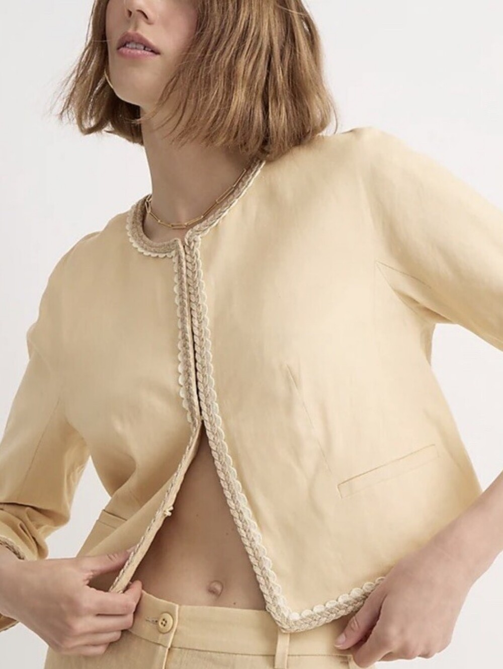 J.Crew Linen Lady Jacket Size 10 Beige Raffia Trim Cropped Coastal Preppy Blazer